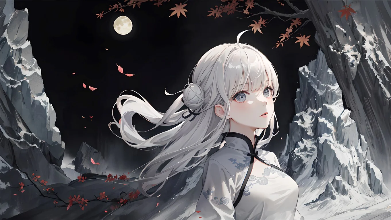 夜晚 枫叶 动漫女孩 旗袍式连衣裙 4k壁纸｜高清图片集