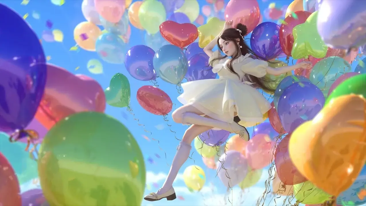 五彩气球 可爱女孩 白裙 蓝天 3D 4K高清壁纸｜高清图片集