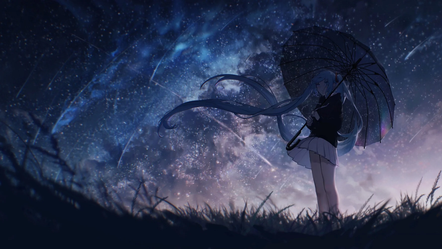 星空 初音未来 伞 草地 4K高清壁纸｜高清图片集