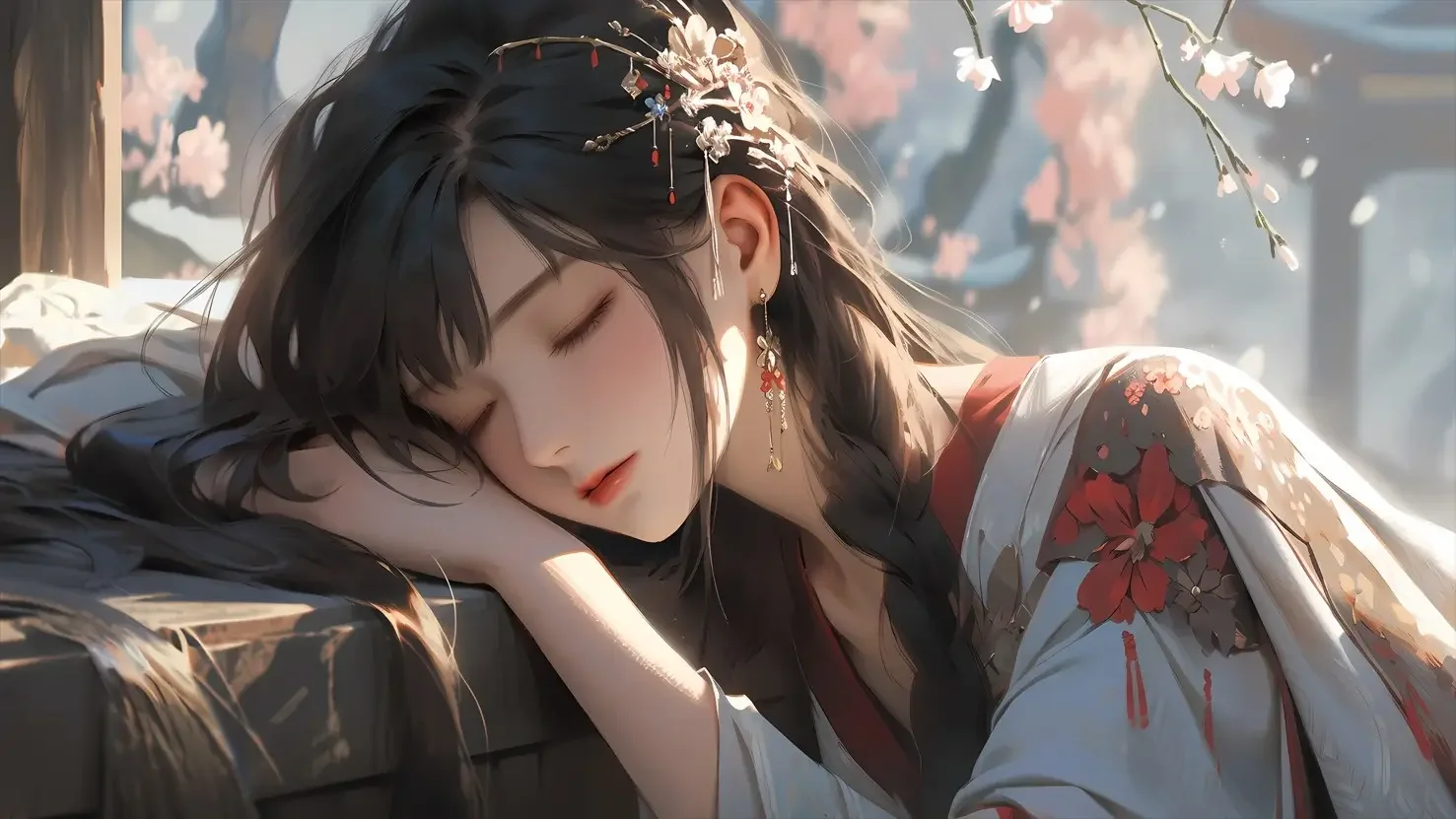 趴着睡着的动漫美女 梅花 国风 绘画 4k壁纸｜高清图片集
