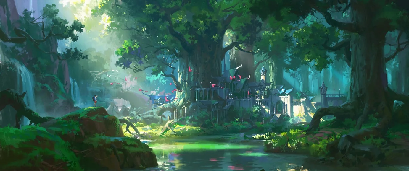 森林 大树 城堡 瀑布 河流 动漫风景3440×1440带鱼屏壁纸｜高清图片集