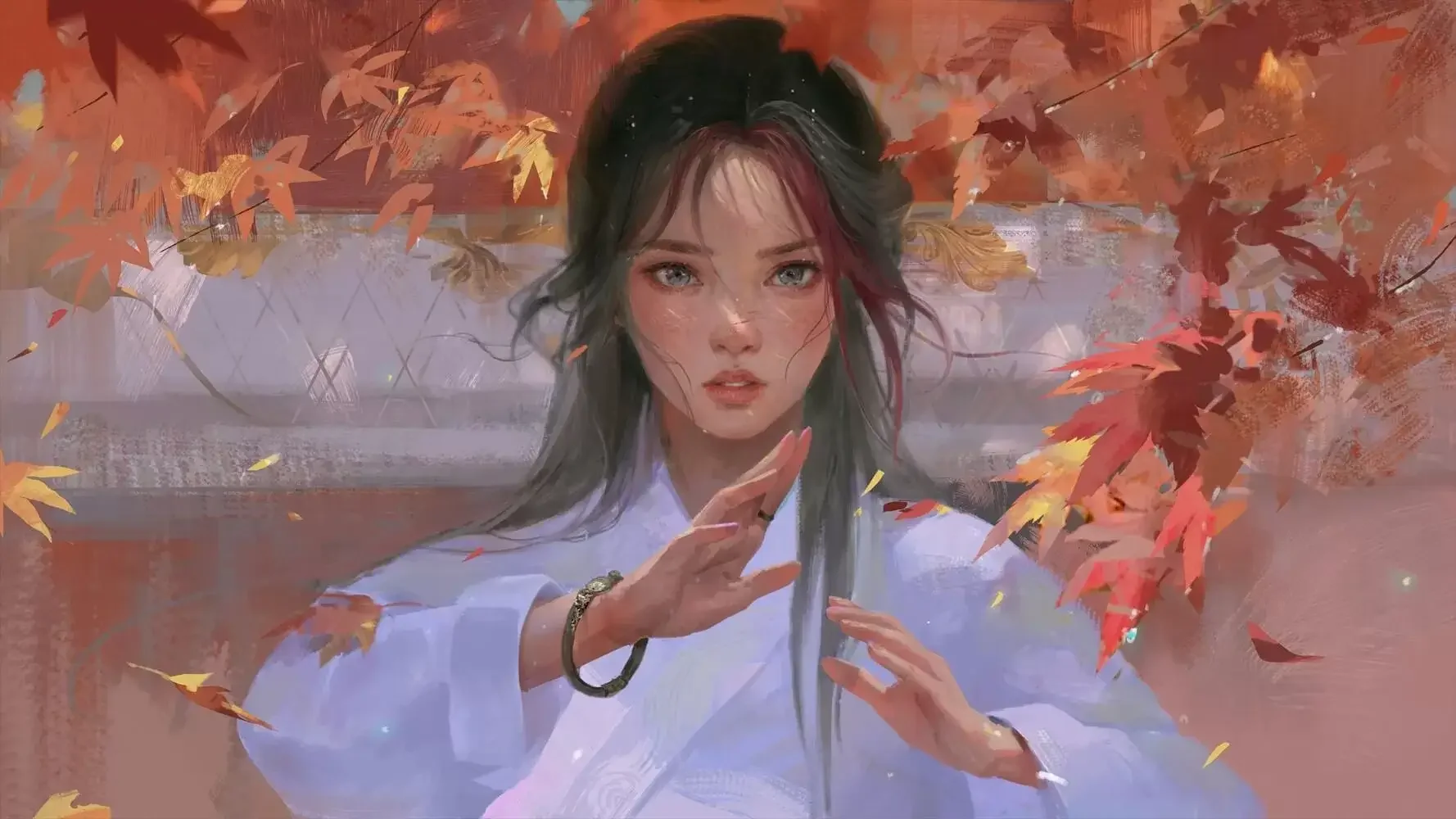 功夫女孩 手镯 枫叶 白衣 4K动漫壁纸｜高清图片集