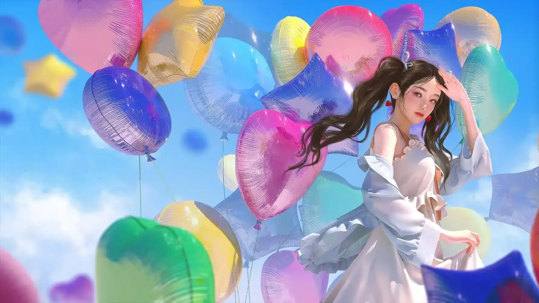 蓝天白云 七彩气球 双马尾女孩 连衣白裙 3D 4K高清动漫壁纸 4K手机壁纸｜高清图片集