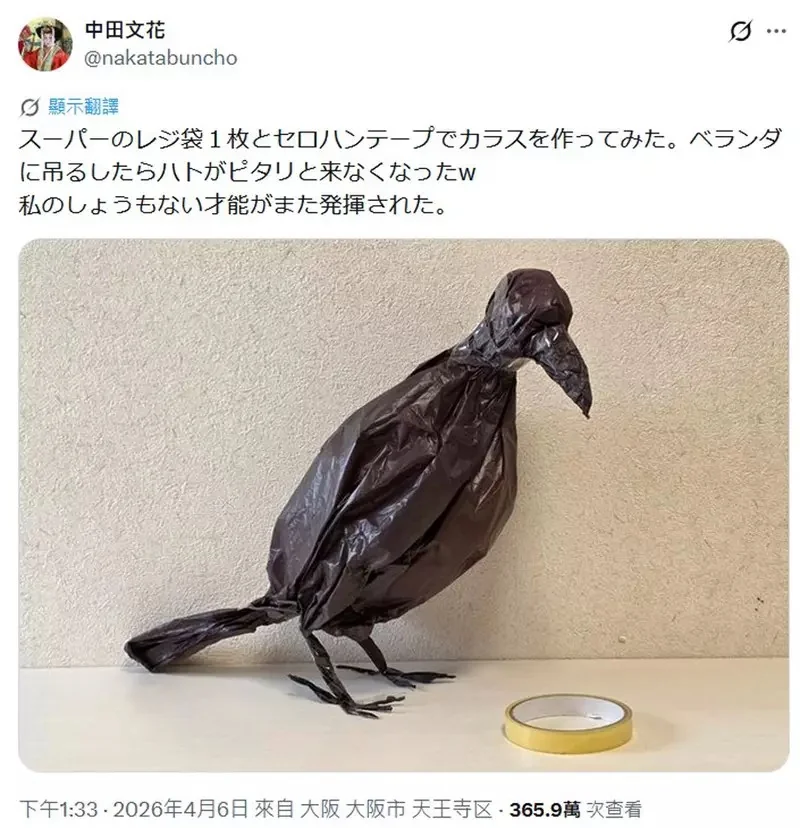 陽台太多鴿子來亂，網友就用塑膠袋做了一隻烏鴉結果發揮了奇效｜高清图片集