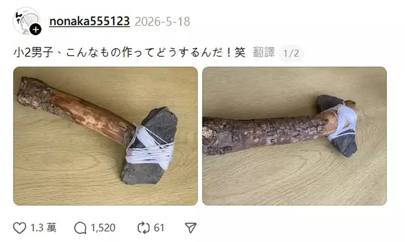 小2男生用路邊撿的木棍與石頭做成了《石斧》馬麻打開書包嚇一跳怎麼會有這種東西！？｜高清图片集