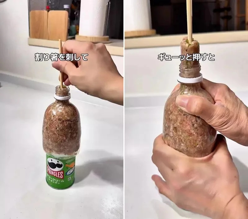 像機器塑形一樣的《肉條棒》製作方式，使用空的寶特瓶+品客就可以輕鬆完成的美食小點心｜高清图片集
