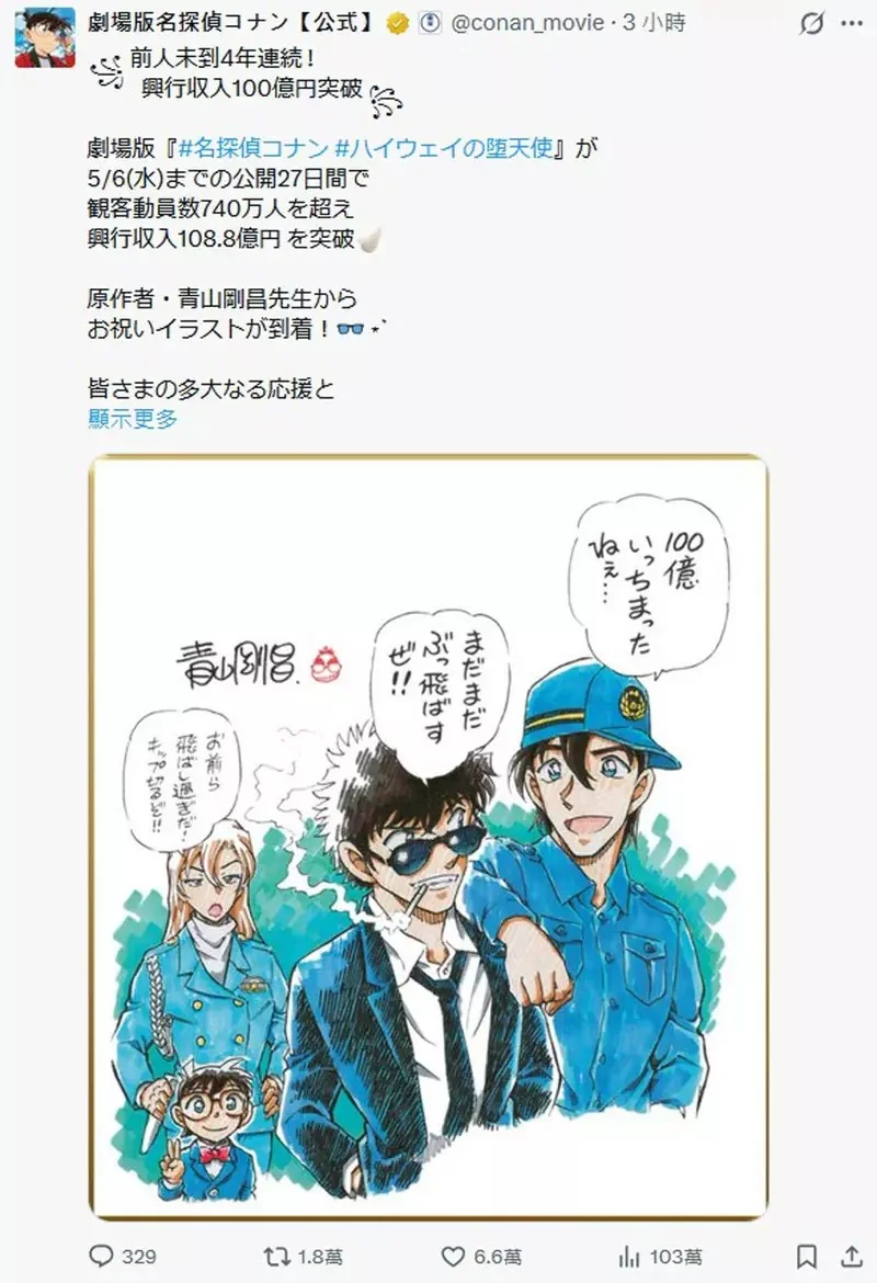 《名偵探柯南：高速公路的墮天使》連續四部作品票房突破100億日元！青山剛昌祝賀插圖公開｜高清图片集