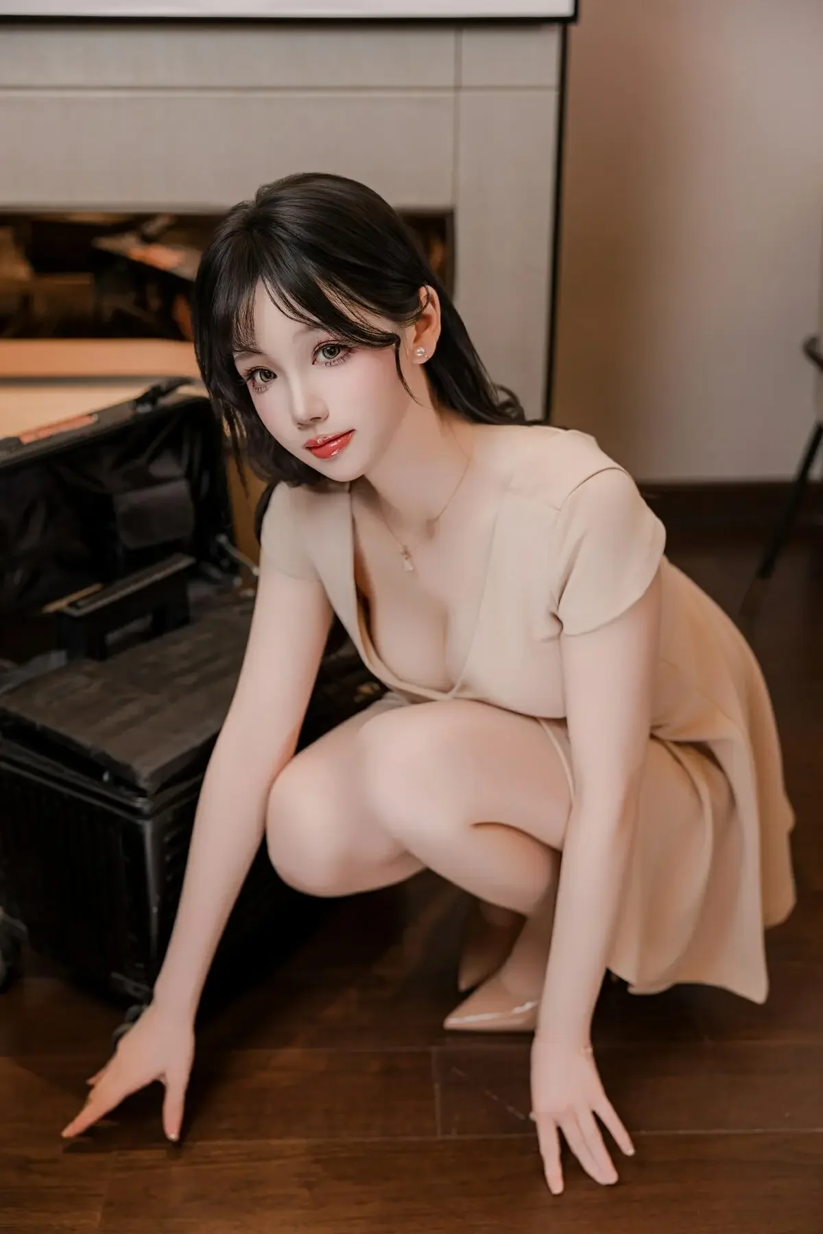 雪晴Astra – 洗浴店 杏色工作服A字裙｜高清图片集